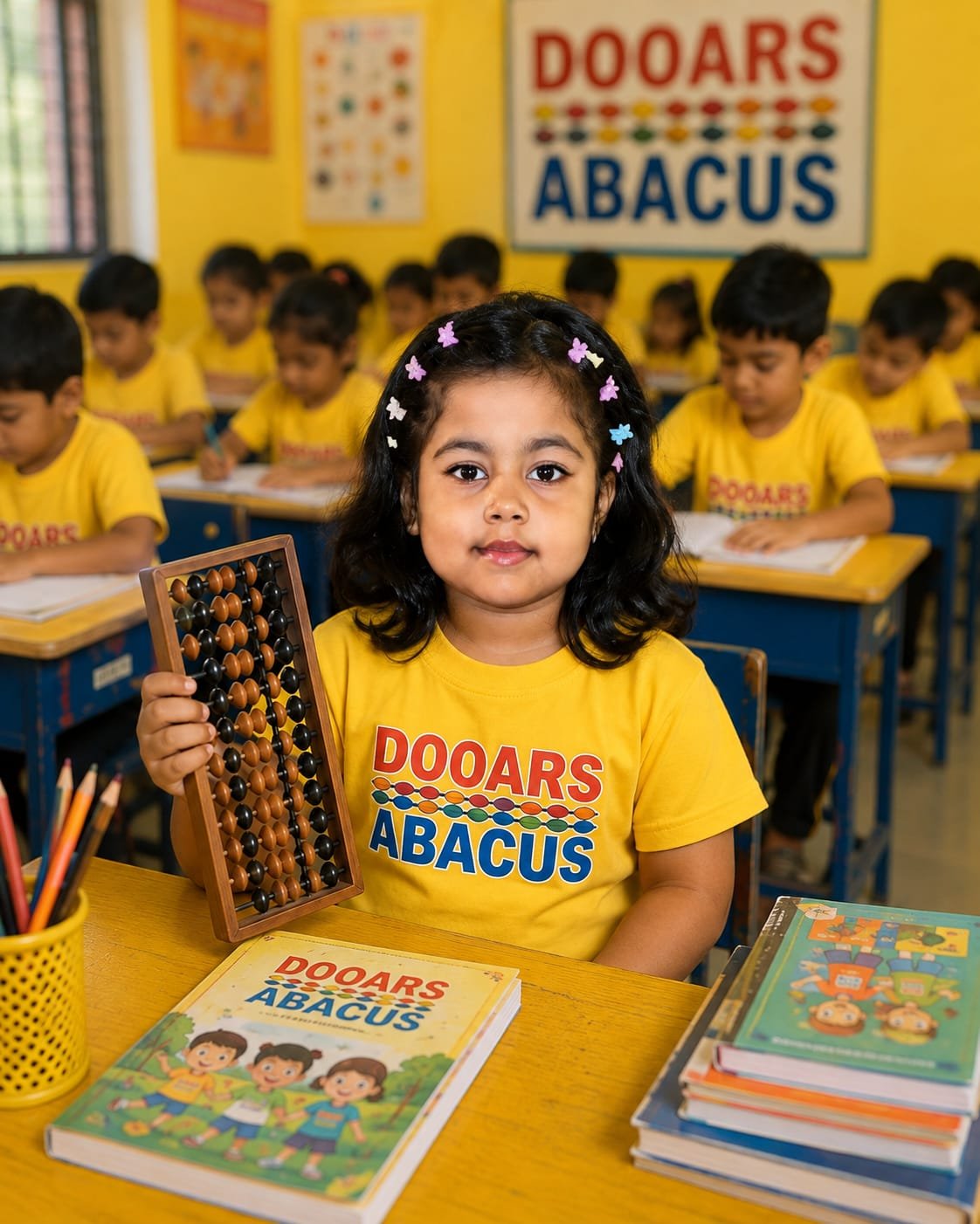 Child learning mental math with an abacus at Dooars Abacus